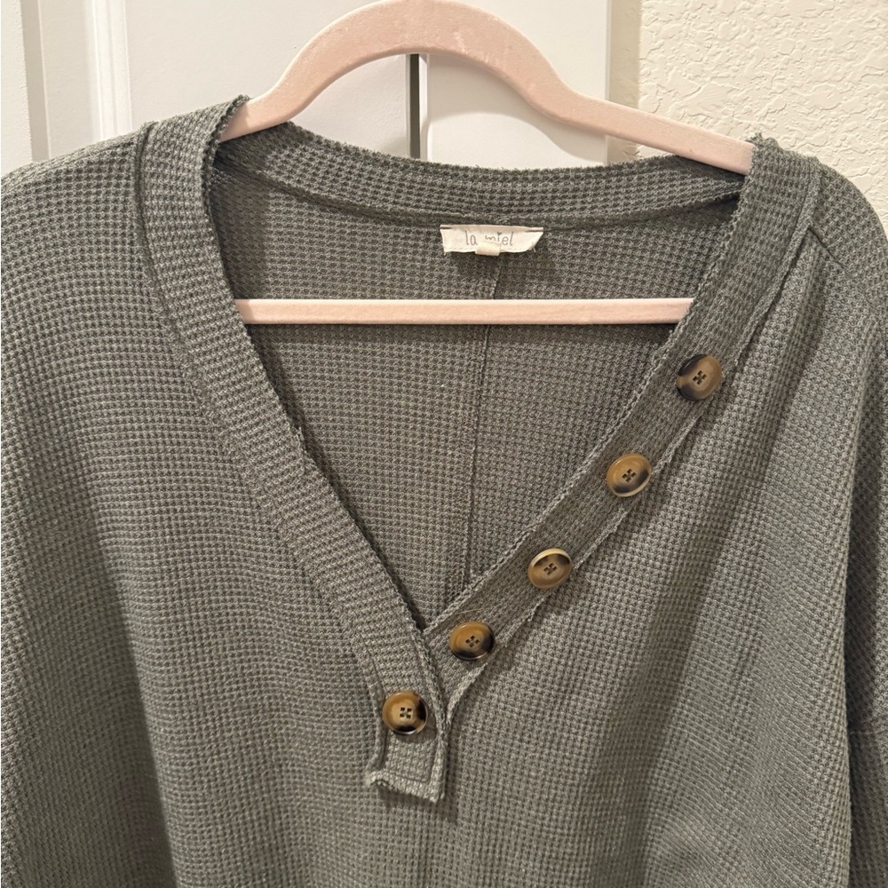 Pink Lily Long Sleeve Button Waffle Shirt - Picture 3 of 6